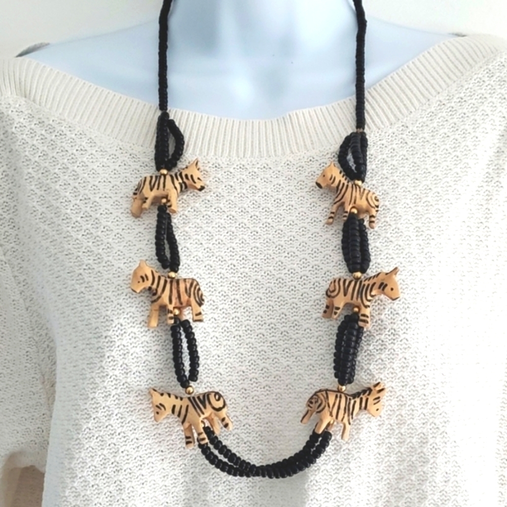 Vintage Hand Crafted Wooden Zebra necklace